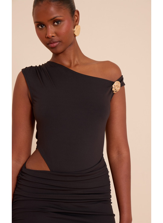 Чорне м'яке дотик до міні -сукні Mini Ruched