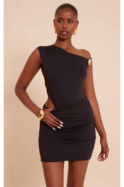 Чорне м'яке дотик до міні -сукні Mini Ruched