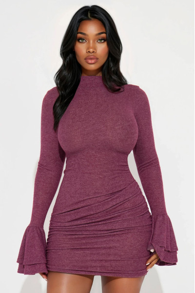 Ровен Сукня Міні В'язана з Рукавами-Воланами