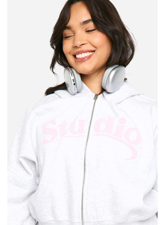 Толстовка Plus Studio Slogan Boxy Crop Zip Through Hoodi