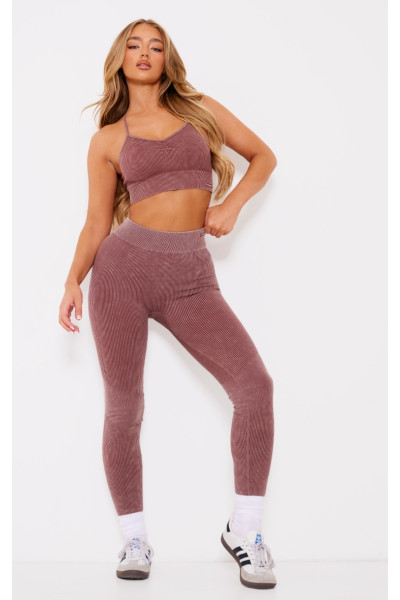 Безшовні гімнастичні легінси з високою талією і високою талією темно-коричневого кислотного кольору