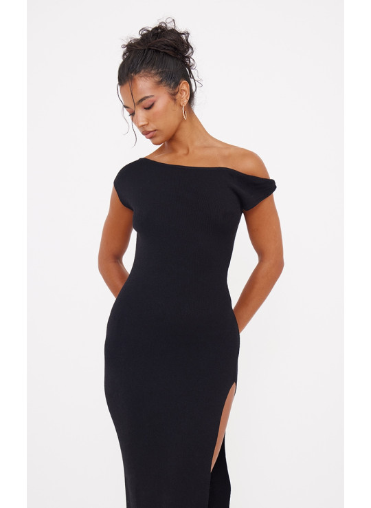 Чорна сукня максі з тонким в'язанням і круглим вирізом