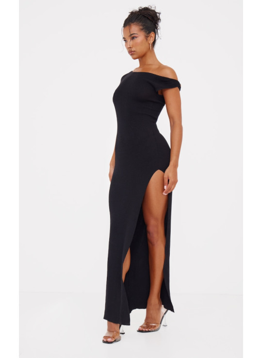 Чорна сукня максі з тонким в'язанням і круглим вирізом