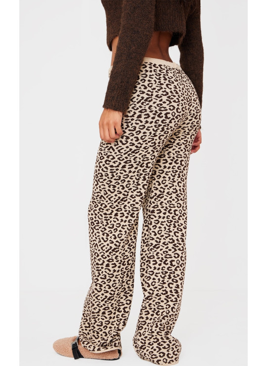 Коричневі широкі трикотажні штани з леопардовим принтом