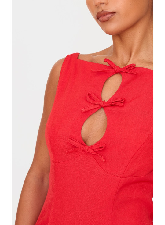 Червона плетена міні-сукня з високим горлом і бантом