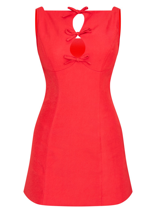 Червона плетена міні-сукня з високим горлом і бантом