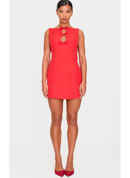 Червона плетена міні-сукня з високим горлом і бантом