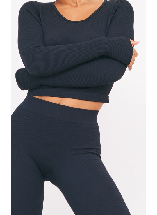 Чорні структуровані ребристі легінси