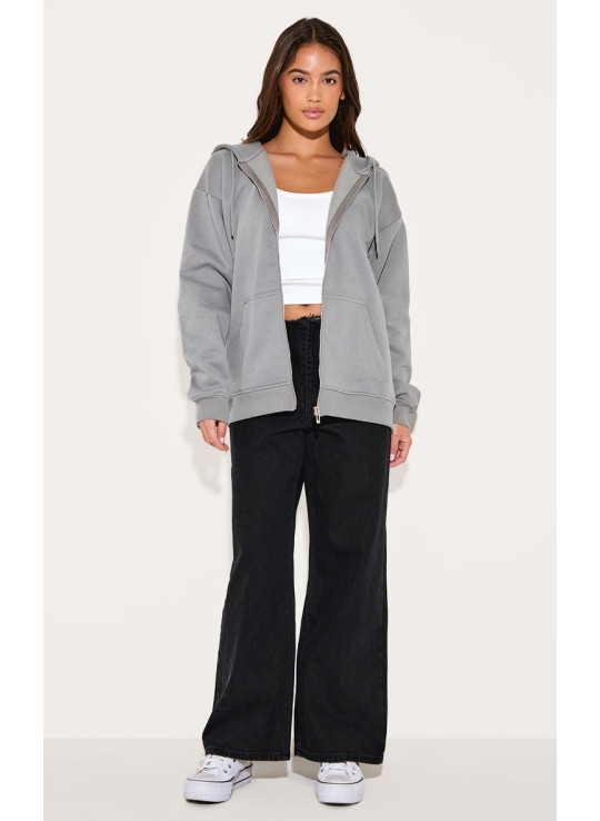 Світло -сірий негабаритний блискавок вгору простий передній балахон